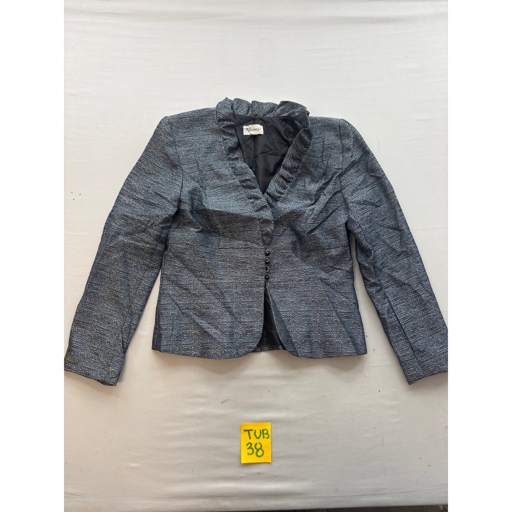 Nicolette Womens Blue Silver Metallic Ruffle Collar Tweed Blazer Jacket Size 10